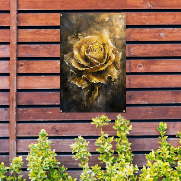 Majestueuze Gouden Roos op Donkere Abstracte Achtergrond tuinposter
