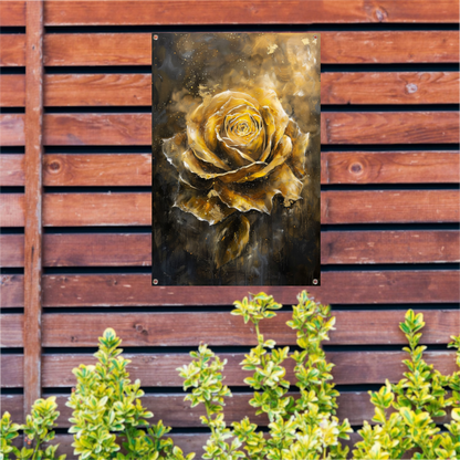 Majestueuze Gouden Roos op Donkere Abstracte Achtergrond tuinposter