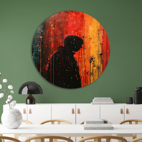 Abstract regenachtige dag met eenzame figuur aluminium muurcirkel