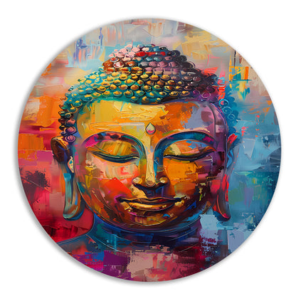 Dynamisch en kleurrijk olieverfschilderij van Boeddha aluminium muurcirkel