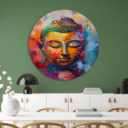 Dynamisch en kleurrijk olieverfschilderij van Boeddha aluminium muurcirkel