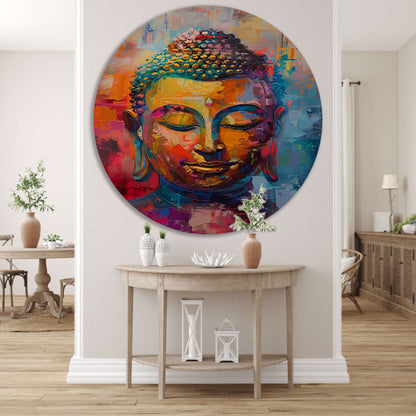 Dynamisch en kleurrijk olieverfschilderij van Boeddha aluminium muurcirkel