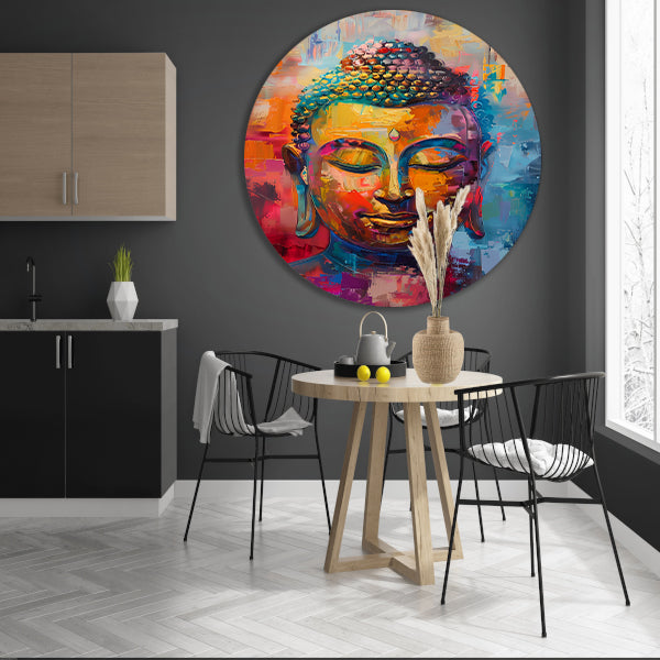 Dynamisch en kleurrijk olieverfschilderij van Boeddha aluminium muurcirkel