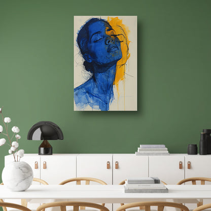 Abstract portretten in blauw en geel canvas met baklijst