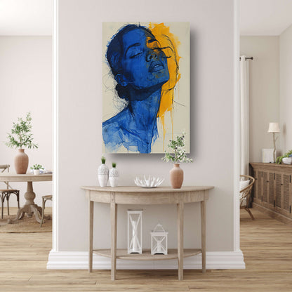 Abstract portretten in blauw en geel canvas met baklijst