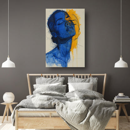 Abstract portretten in blauw en geel canvas met baklijst
