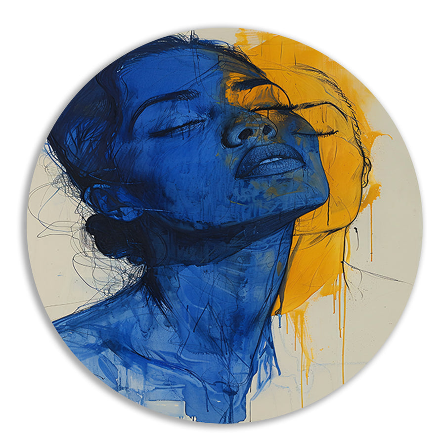 Abstract portretten in blauw en geel aluminium muurcirkel