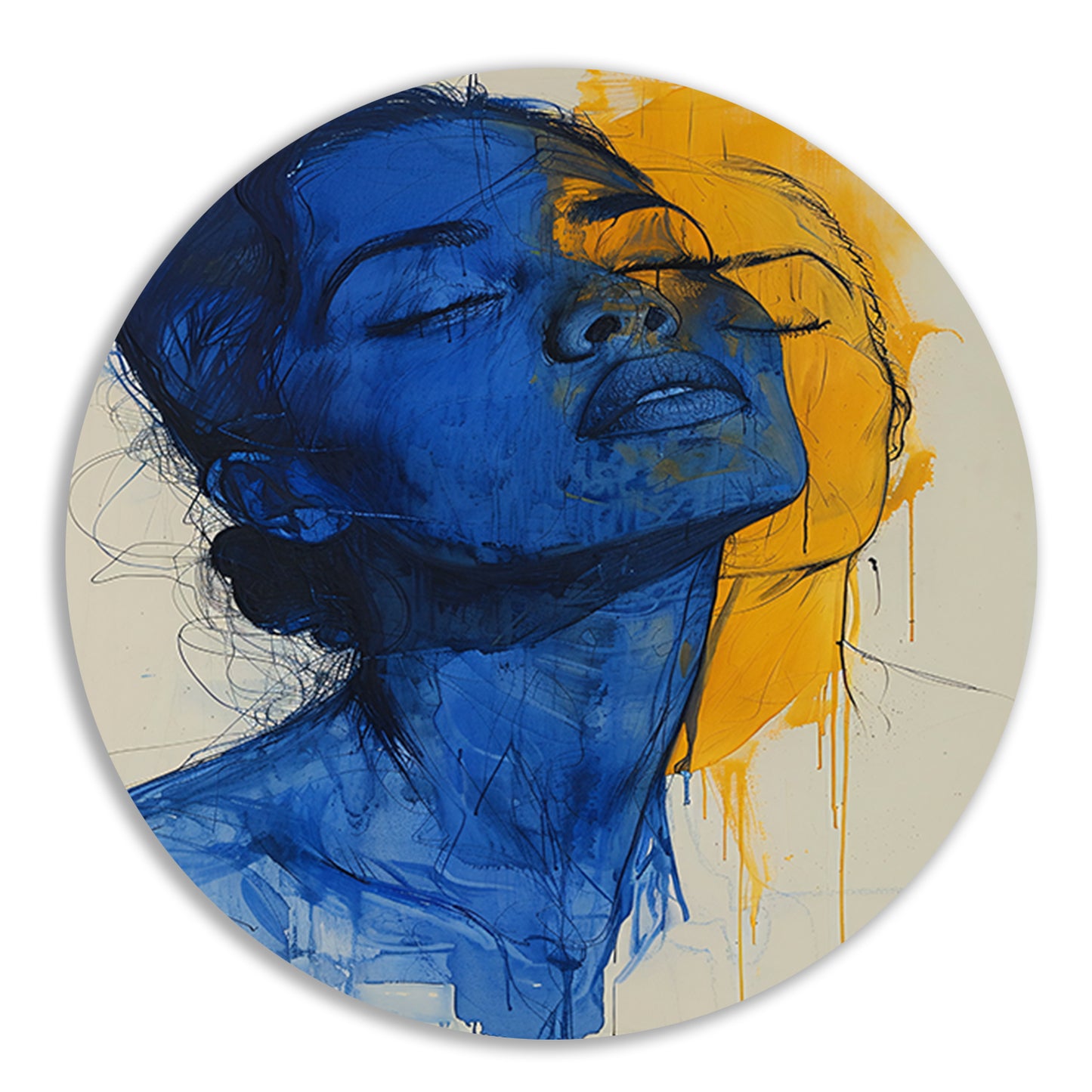 Abstract portretten in blauw en geel forex muurcirkel