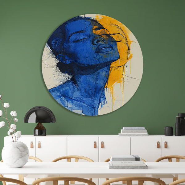 Abstract portretten in blauw en geel forex muurcirkel