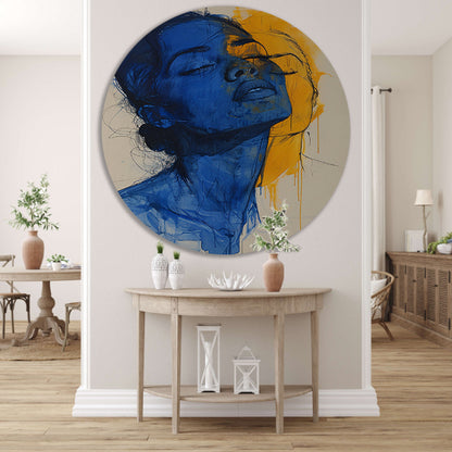 Abstract portretten in blauw en geel forex muurcirkel