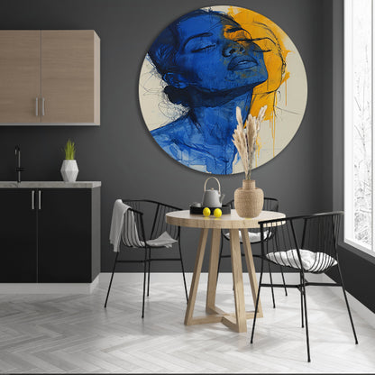 Abstract portretten in blauw en geel forex muurcirkel