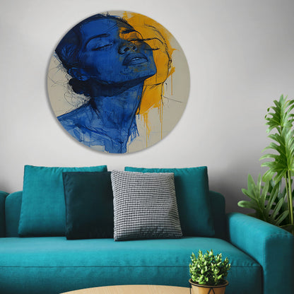 Abstract portretten in blauw en geel forex muurcirkel