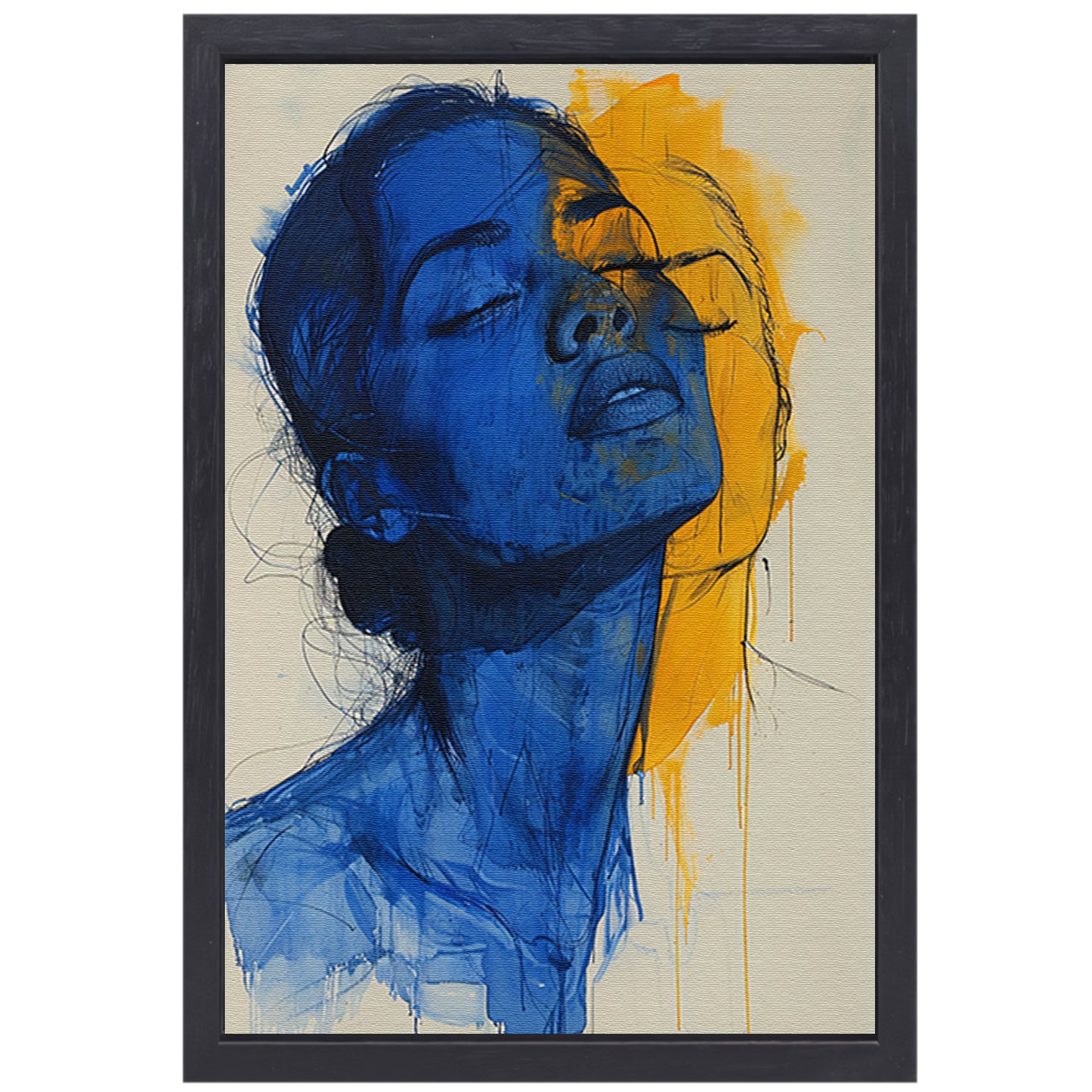 Abstract portretten in blauw en geel canvas met baklijst