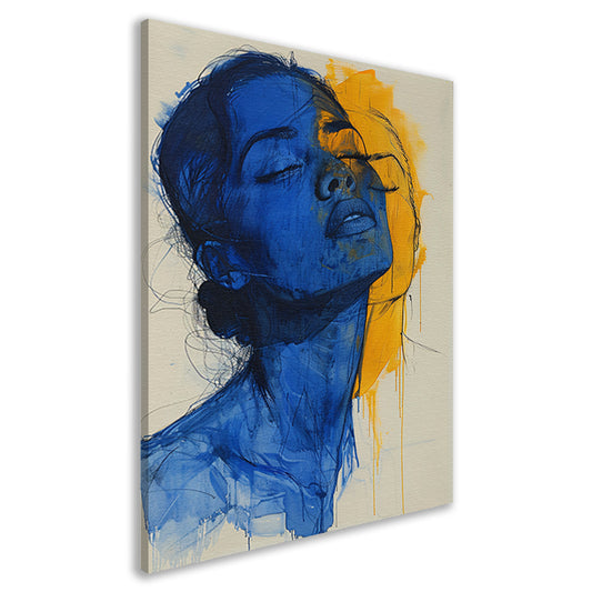 Abstract portretten in blauw en geel canvas