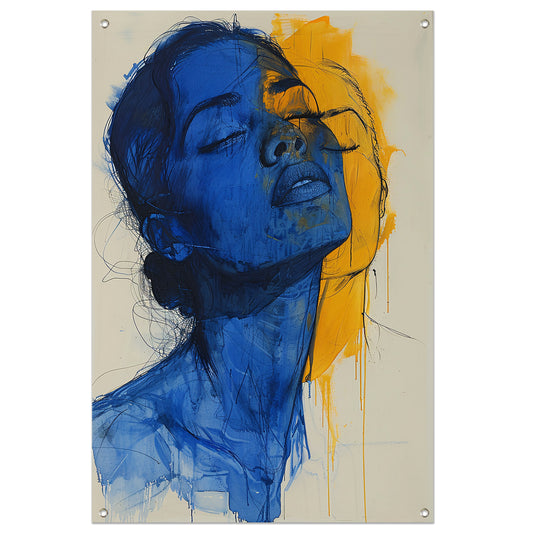 Abstract portretten in blauw en geel tuinposter