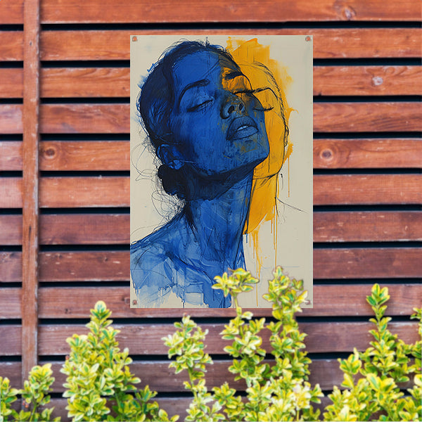 Abstract portretten in blauw en geel tuinposter