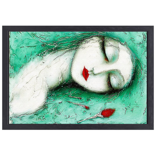 Dromerig surrealistisch vrouwelijk portret met bloemen canvas met baklijst