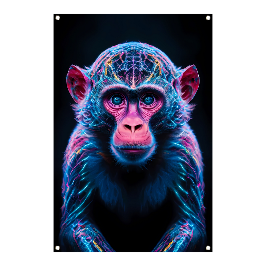 Futuristisch neonportret van een kleurrijke aap tuinposter
