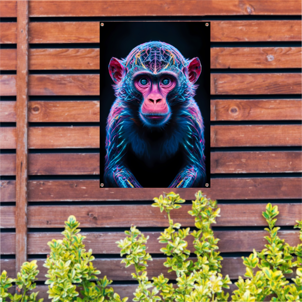 Futuristisch neonportret van een kleurrijke aap tuinposter
