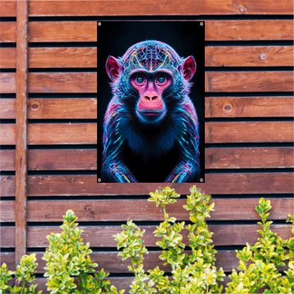 Futuristisch neonportret van een kleurrijke aap tuinposter