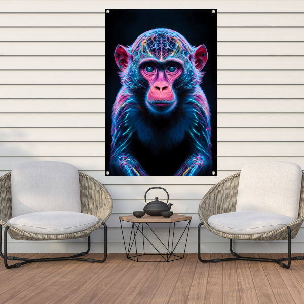 Futuristisch neonportret van een kleurrijke aap tuinposter