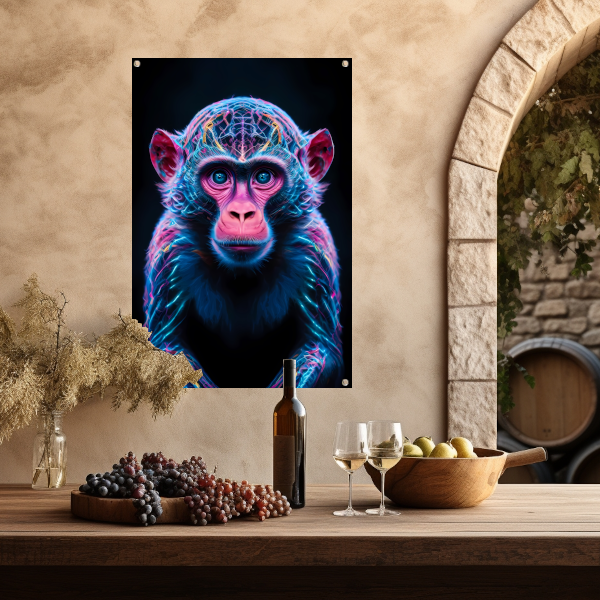 Futuristisch neonportret van een kleurrijke aap tuinposter