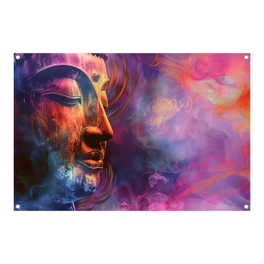 Boeddha in een Zee van Abstractie en Kleur tuinposter