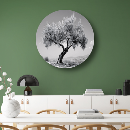 Zwart-wit olijfboom landschap aluminium muurcirkel