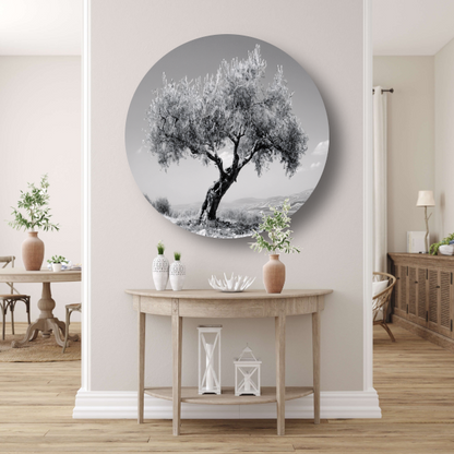 Zwart-wit olijfboom landschap aluminium muurcirkel