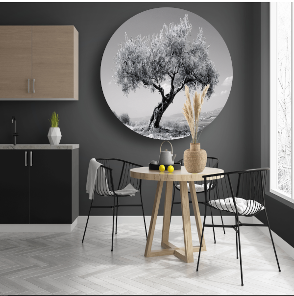Zwart-wit olijfboom landschap aluminium muurcirkel