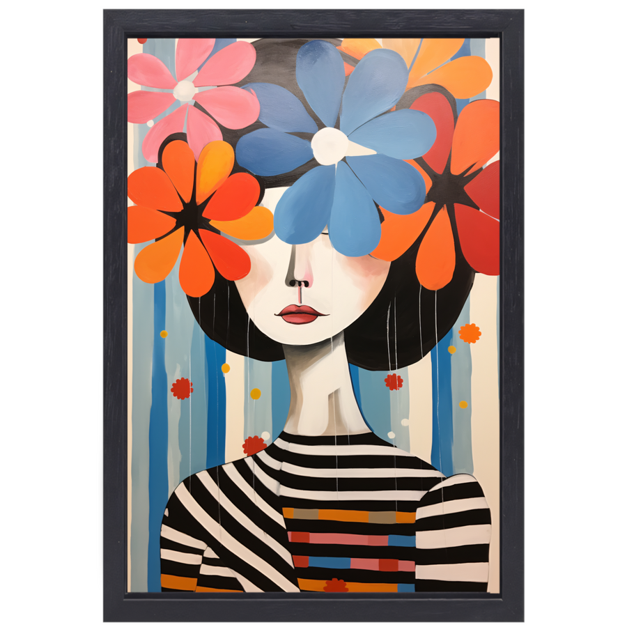Gekleurde Bloemen op Zwart-wit Strepen canvas met baklijst