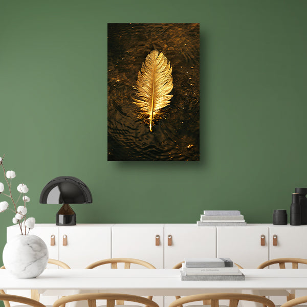 Gouden veer zwevend op donker water poster