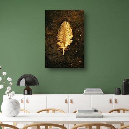Gouden veer zwevend op donker water poster