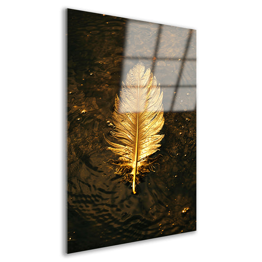 Gouden veer zwevend op donker water acrylglas