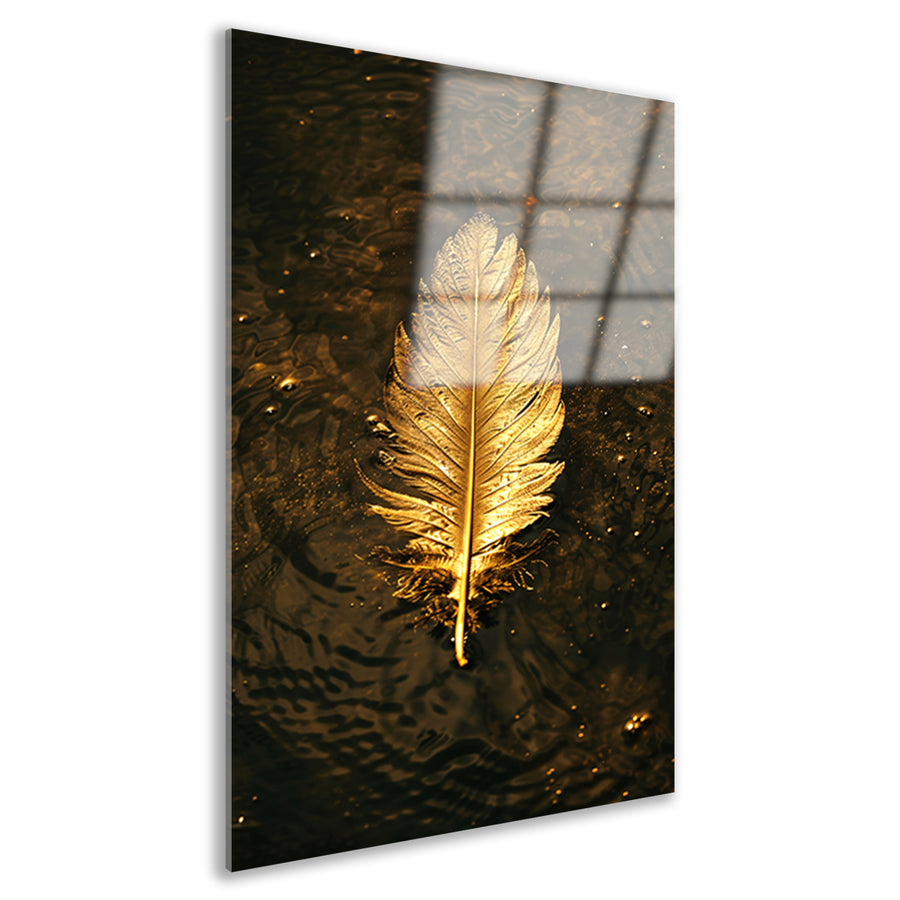 Gouden veer zwevend op donker water acrylglas