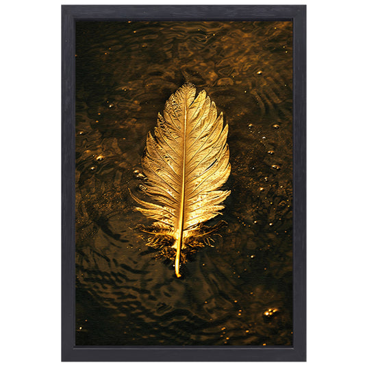 Gouden veer zwevend op donker water canvas met baklijst