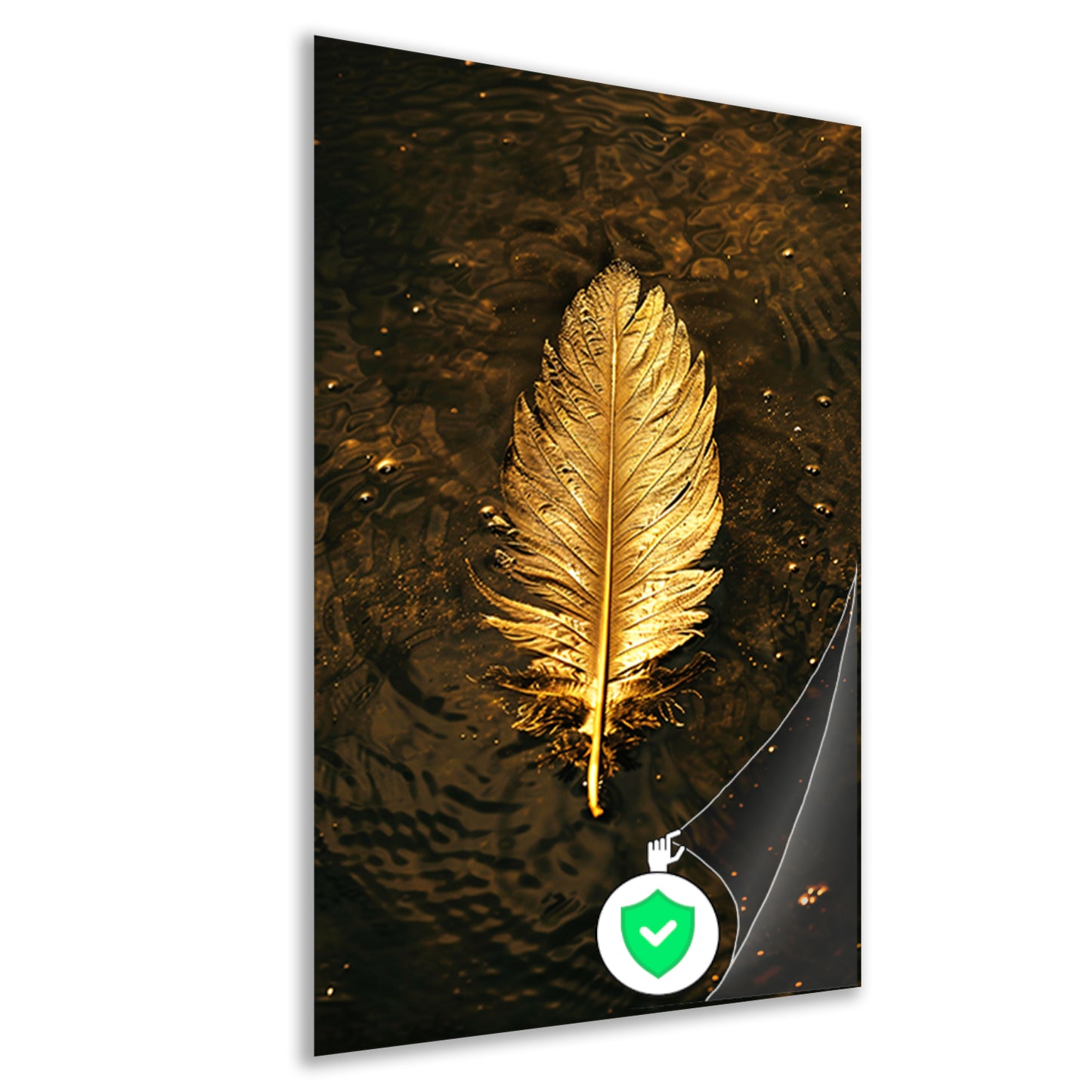 Gouden veer zwevend op donker water poster