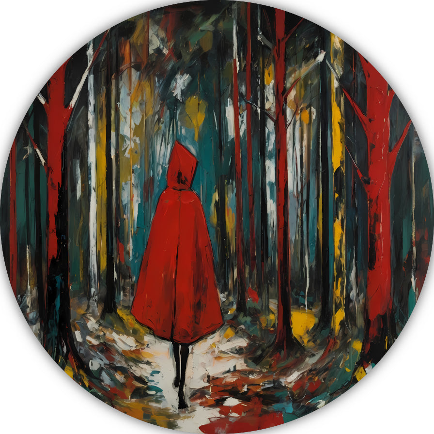 Eenzame Rode Figuur Wandelend in Kleurrijk Bos forex muurcirkel