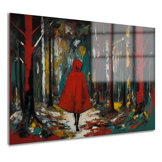 Eenzame Rode Figuur Wandelend in Kleurrijk Bos acrylglas
