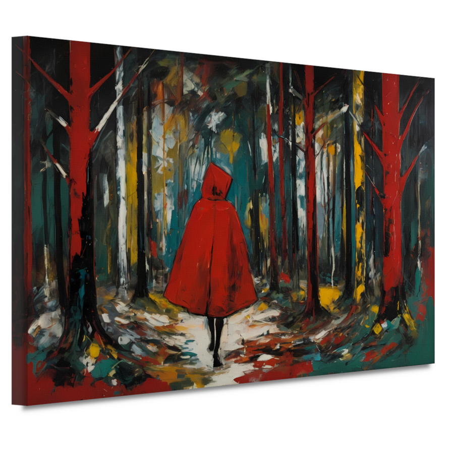 Eenzame Rode Figuur Wandelend in Kleurrijk Bos canvas