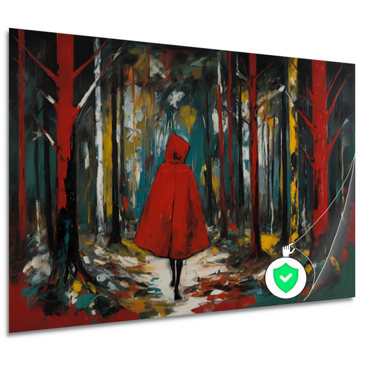 Eenzame Rode Figuur Wandelend in Kleurrijk Bos poster