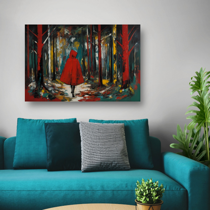 Eenzame Rode Figuur Wandelend in Kleurrijk Bos poster