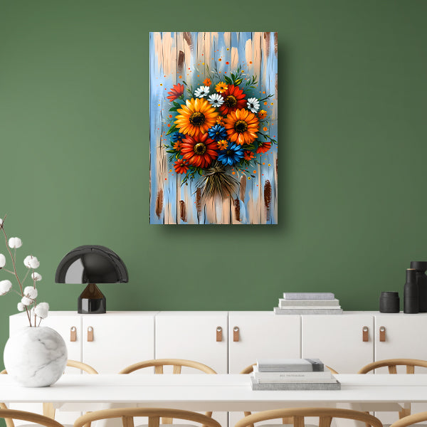 Levendige en kleurrijke bloemen op blauwe achtergrond poster