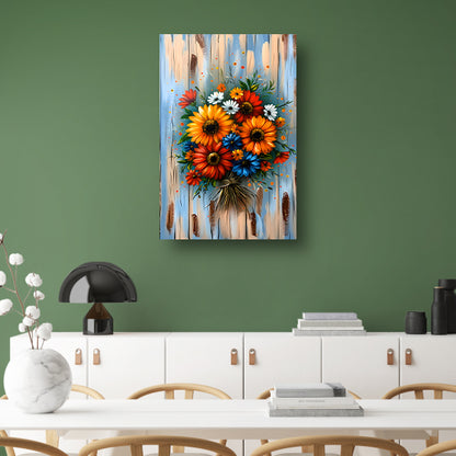 Levendige en kleurrijke bloemen op blauwe achtergrond poster