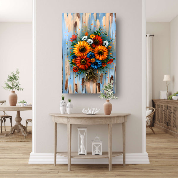 Levendige en kleurrijke bloemen op blauwe achtergrond poster