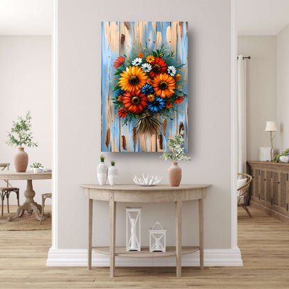 Levendige en kleurrijke bloemen op blauwe achtergrond poster