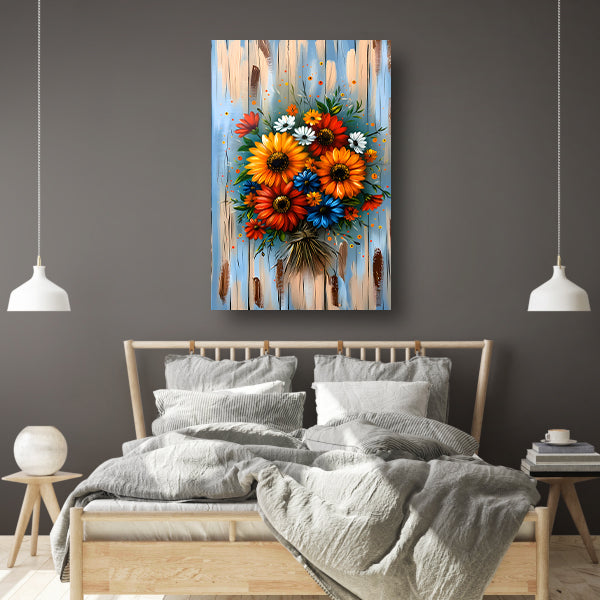 Levendige en kleurrijke bloemen op blauwe achtergrond poster