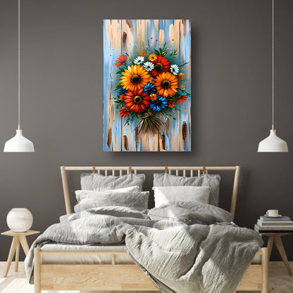 Levendige en kleurrijke bloemen op blauwe achtergrond poster
