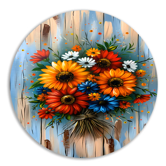 Levendige en kleurrijke bloemen op blauwe achtergrond aluminium muurcirkel