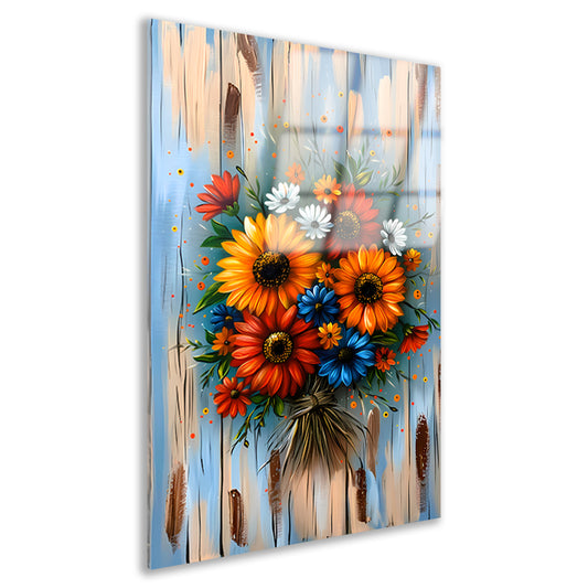 Levendige en kleurrijke bloemen op blauwe achtergrond acrylglas
